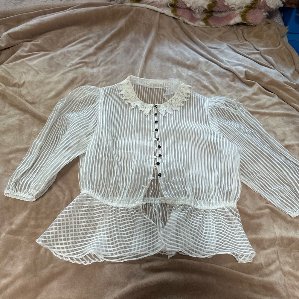 Vintage White Sheer Blouse with Lace Collar S